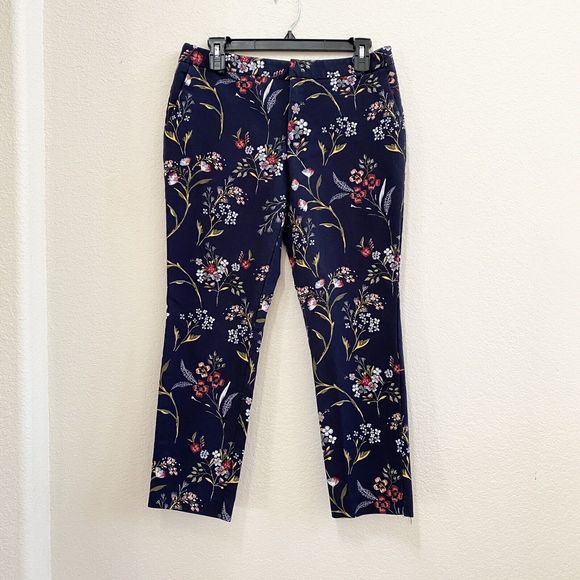 Stradivarius Pants Womens Navy Blue Chino Skinny Mid Rise Floral Slacks Cotton - Picture 4 of 12
